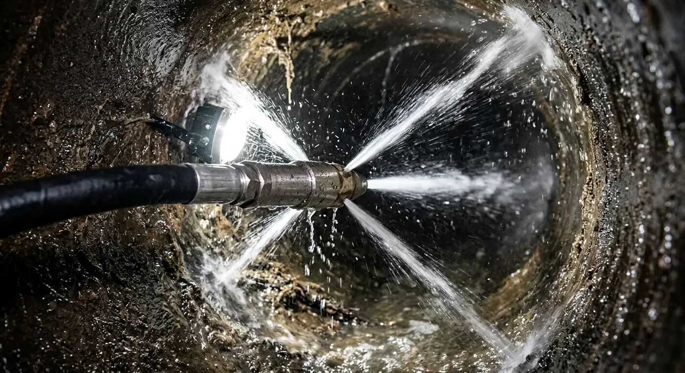 High-pressure hydro jetting nozzle cleaning sewer pipe for Storm Drain Cleaning in Four Corners