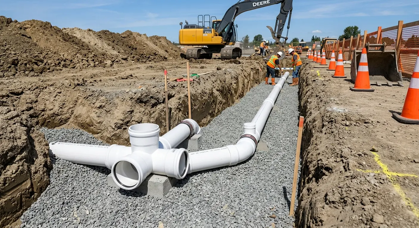 New PVC sewer pipe installation in open trench for Grease Trap Cleaning in Four Corners