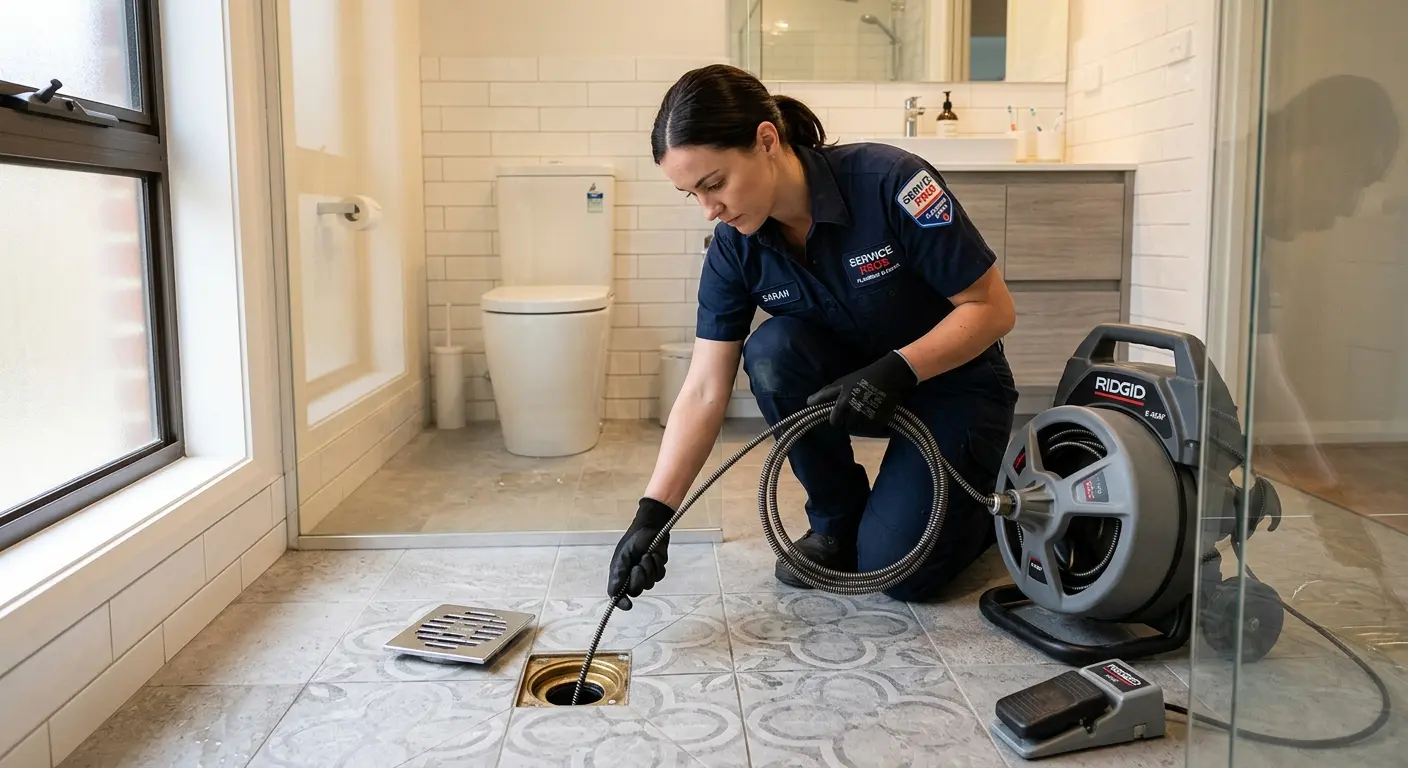 Technician clearing a bathroom floor drain for Drain Repair in Four Corners